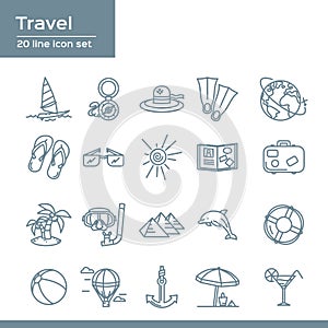 Summer travel 20 line icons set. Vector icon graphic for Beach Vacation: compass, sailboat, hat, flippers, earth, flip flops