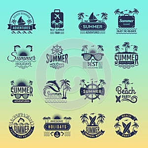 Summer travel logos. Retro tropical vacation badges and symbols palm tree drinks beach tour on island vector pictures