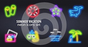 Summer Travel Neon Icons. Vector Illustration of Vacation Promotion. Summer icons set. Summer neon sign. Neon beach holidays by