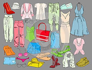 Summer travel packing for vacation. Woman clothing set. Vector hand drawn isolated objects. Colorful drawing fashion