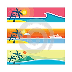 Summer travel - set of horizontal concept banner templates, vector illustration in flat style. Vacation creative layouts. Tropical photo