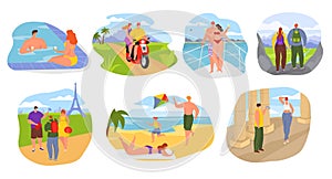 Summer travel, tourists on vacation people flat vector illustrations set. Travelers seasonal recreation, adventure trip