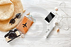 Summer travel vacation concept flat lay, space for text. selfie