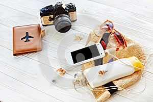 Summer travel vacation concept, space for text. photo camera and