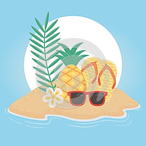 Summer travel and vacation flip flops pineapple sunglasses tropical beach flower