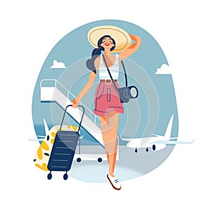 Summer travel vacation of happy girl in hat, woman passenger walking at modern airport