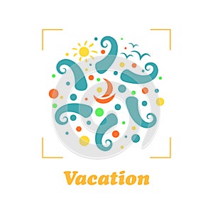 Summer travel vacation logo concept in shape of a circle. Seaside resort, waves, ship, sun and birds. Paradise beach color graphic