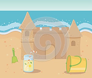 Summer travel and vacation sand castle beach bucket shovel juice