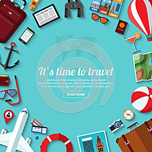 Summer travel, vacation, tourism, adventure, journey flat vector background