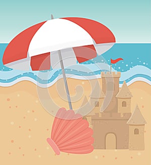 Summer travel and vacation umbrella shell sand castle beach