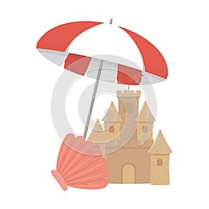 Summer travel and vacation umbrella shell sand castle beach