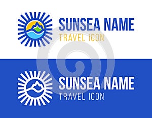 Summer travel vacation vector logo concept illustration in circle shape. Paradise beach color graphic sign. Sea resort, sun,