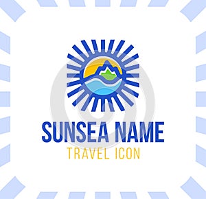 Summer travel vacation vector logo concept illustration in circle shape. Paradise beach color graphic sign. Sea resort, sun,