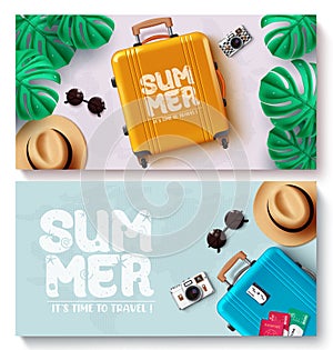 Summer travel vector banner set. Summer time to travel with luggage bag, hat and passport