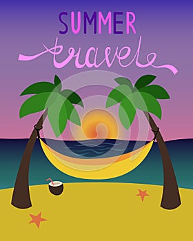 Summer travel. Yellow hammock by the sea. Coconut palms, starfish on the beach. Evening landscape. Rest, travel and vacation.