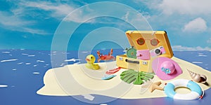 Summer travel with yellow suitcase,island,camera,alarm clock, duck,sandals,palm leaf,lifebuoy,sunglasses,hat,starfish,shellfish