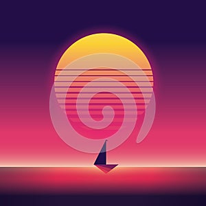 Summer traveling and holiday vector poster with yacht sailing in sunset. 80s neon retro vintage style.
