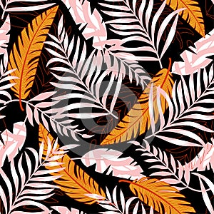 Summer trend seamless pattern with bright tropical leaves and plants on a dark background. Vector design. Jung print. Floral backg