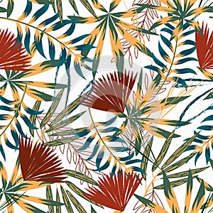 Summer trend seamless pattern with bright tropical leaves, plants and flowers on a light background. Vector design. Jung print. Fl