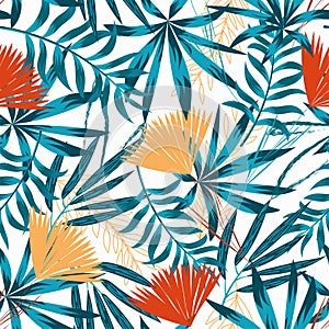 Summer trend seamless pattern with bright tropical leaves, plants and flowers on white background. Vector design. Jung print. Flor