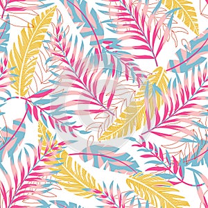 Summer trend seamless pattern with bright tropical leaves and plants on a light background. Vector design. Jung print. Floral back