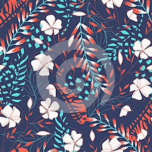 Summer trend seamless pattern with tropical leaves and flowers on a dark background. Vector design. Jung print. Floral background.