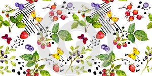 Summer trendy seamless pattern with fruits, berries, plants, butterflies. Watercolor in fun artistic style with random