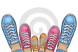 Summer trendy sports shoes. Family-run collection of sneakers. Vector