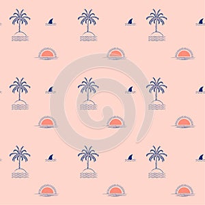 Summer trendy Tropical palm tree island ,wave,sun,beach, fin shark minimal repeat seamless pattern design for fashion,fabric,