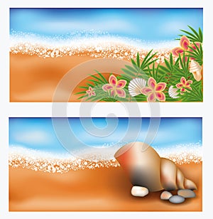 Summer tropic banners with flowers and seashell