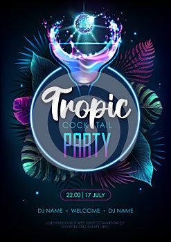 Summer tropic cocktail party poster with fluorescent tropic leaves and disco ball. Nature concept. Summer background.