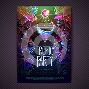 Summer tropic cocktail party poster with fluorescent tropic leaves and disco ball. Nature concept. Summer background.