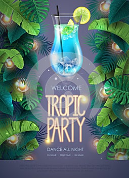 Summer tropic cocktail party poster with tropic leaves and modern electric lamps. Nature concept. Summer background.