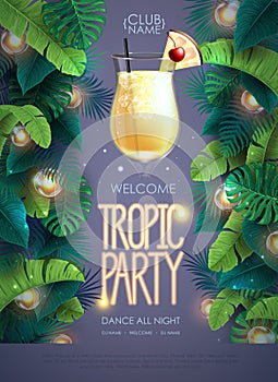 Summer tropic cocktail party poster with tropic leaves and modern electric lamps. Nature concept. Summer background.