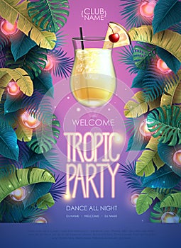 Summer tropic cocktail party poster with tropic leaves and modern electric lamps. Nature concept. Summer background.