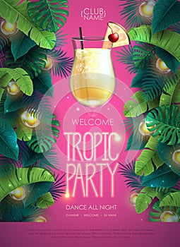 Summer tropic cocktail party poster with tropic leaves and modern electric lamps. Nature concept. Summer background.