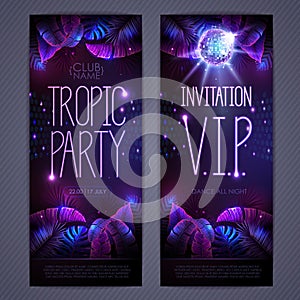 Summer tropic disco party poster with fluorescent tropic leaves and disco ball. Invitation design. Summer background.