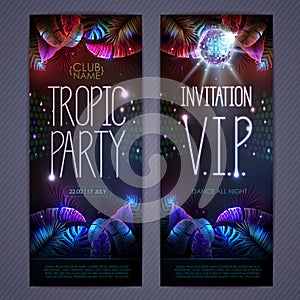 Summer tropic disco party poster with fluorescent tropic leaves and disco ball. Invitation design. Summer background.