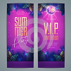 Summer tropic disco party poster with fluorescent tropic leaves and disco ball. Invitation design. Summer background.