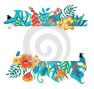 Summer tropical background banner with exotic paradise birds, palm leaves and hibiscus flowers.