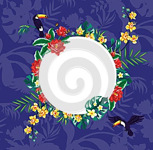 Summer tropical background banner with palm leaves and toucan.