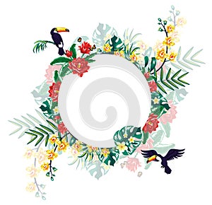 Summer tropical background banner with toucans, palm leaves and hibiscus flowers.