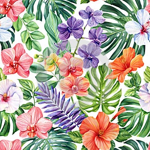 Summer tropical background with exotic palm leaves, flowers. Bright background, jungle plants. seamless floral pattern