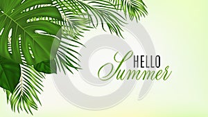 Summer tropical background with green palm leaves. Exotic botanical design with jungle plants for invitation, banner, poster