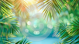 Summer tropical background with palm leaves and bokeh lights. Summer vacation and travel concept.