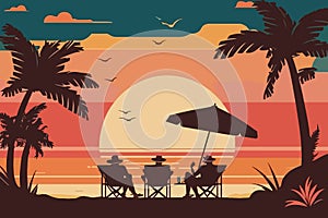 Summer tropical background. Sunset or sunrise colors. Beautiful orange sky and nature landscape with three people on sun loungers