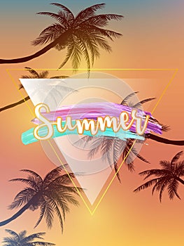 Summer tropical backgrounds with palms, sky and sunset. Summer poster flyer invitation card. Summertime. illustration.EPS 1