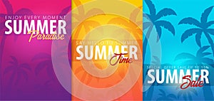 Summer tropical backgrounds set with palms and sunset. Summer placard poster flyer invitation card. Summer time. Vector