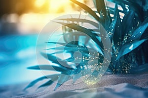 Summer tropical beach background with palm leaves, sparkling water reflections. Generative AI