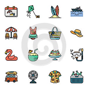 Summer tropical beach colored outline icons set 2.